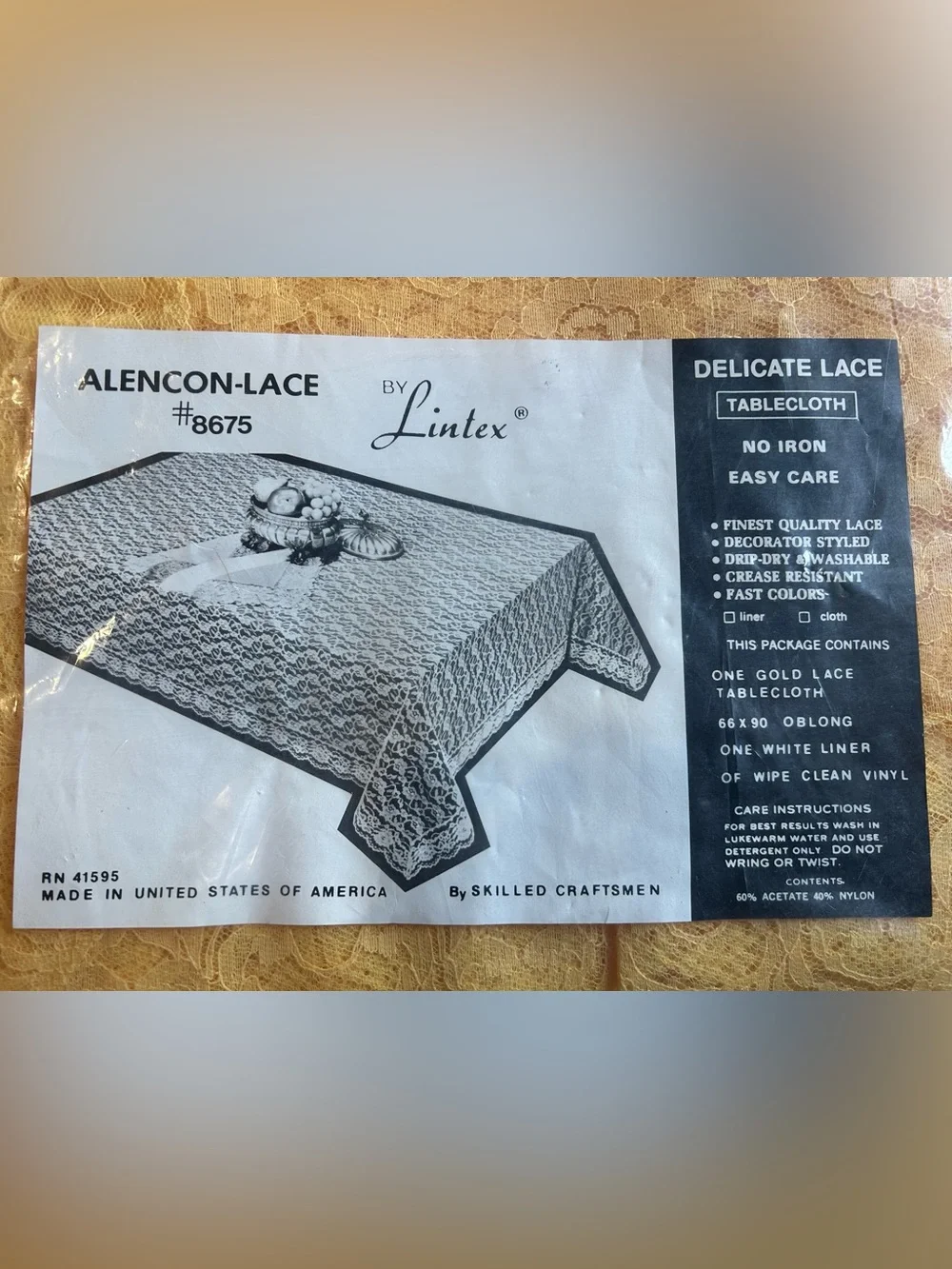 Vintage Lintex Gold Alencon Lace 66x90 Tablecloth
